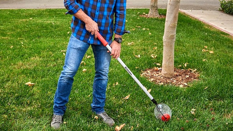 Mavi flanel ve kot pantolon giymiş bir kişi QuickCollector'ı çimlerin üzerinde yuvarlıyor