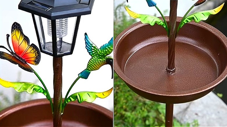 Cocobela kuş banyosunun güneş lambası ve havzasının ayrıntılarını gösteren bölünmüş resim