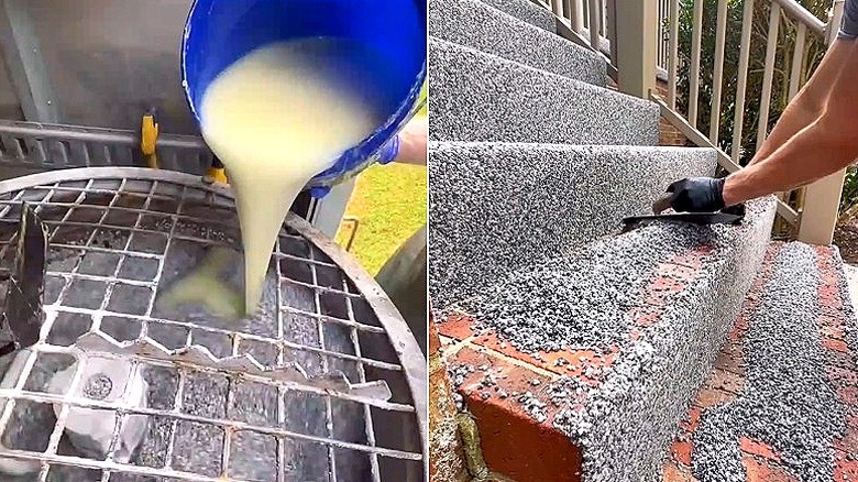 Hazırlanmakta olan reçine bağlı agreganın ve tuğla merdivenleri kaplamak için reçine bağlı çakıl uygulayan bir kişinin bölünmüş görüntüsü