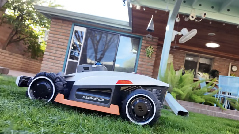 Konutların çimlerinde çalışan robotik çim biçme makinesi