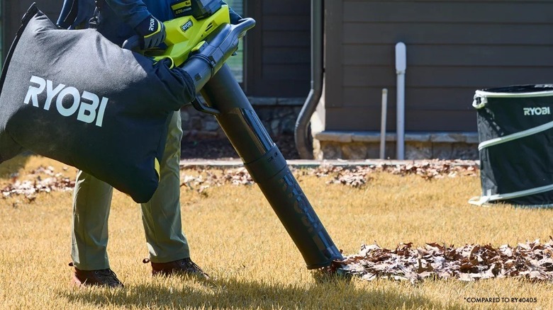 Ryobi yaprak üfleyici ve elektrikli süpürgeyle çimenlerdeki gevşek yaprakları süpüren kişi