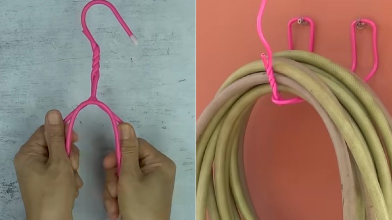 Pembe tel askıyı duvara monte hortum depolama rafına büken elleri gösteren bölünmüş resim.