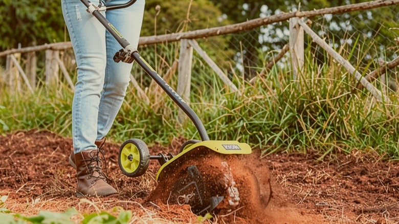 Bir kişi bahçesinde RYOBI Expand-It üniversal yeke ataşmanı ile donatılmış bir tel kesme makinesi kullanıyor.